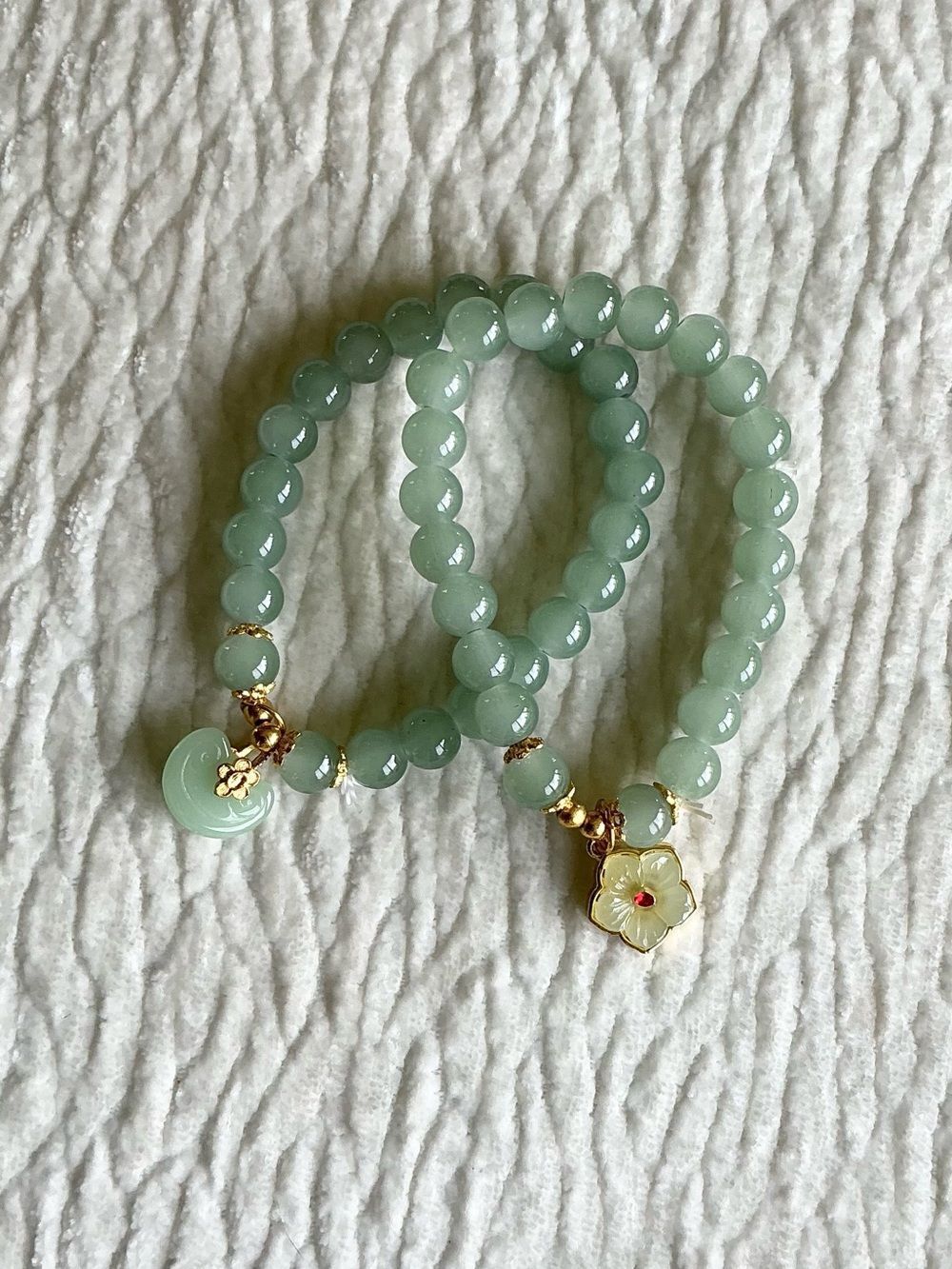 Aqua Beaded Stretch Bracelets with Gold Floral Charms (Pair)